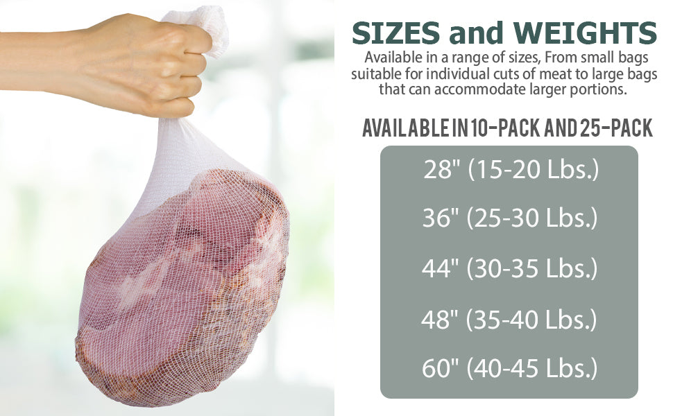 Eselect 60" Stockinette Ham and Meat Bags - Pack of 10 - Meat Netting, Bags for Smoking and Curing Poultry, Beef, Bacon Pork, Lamb, Deer and More