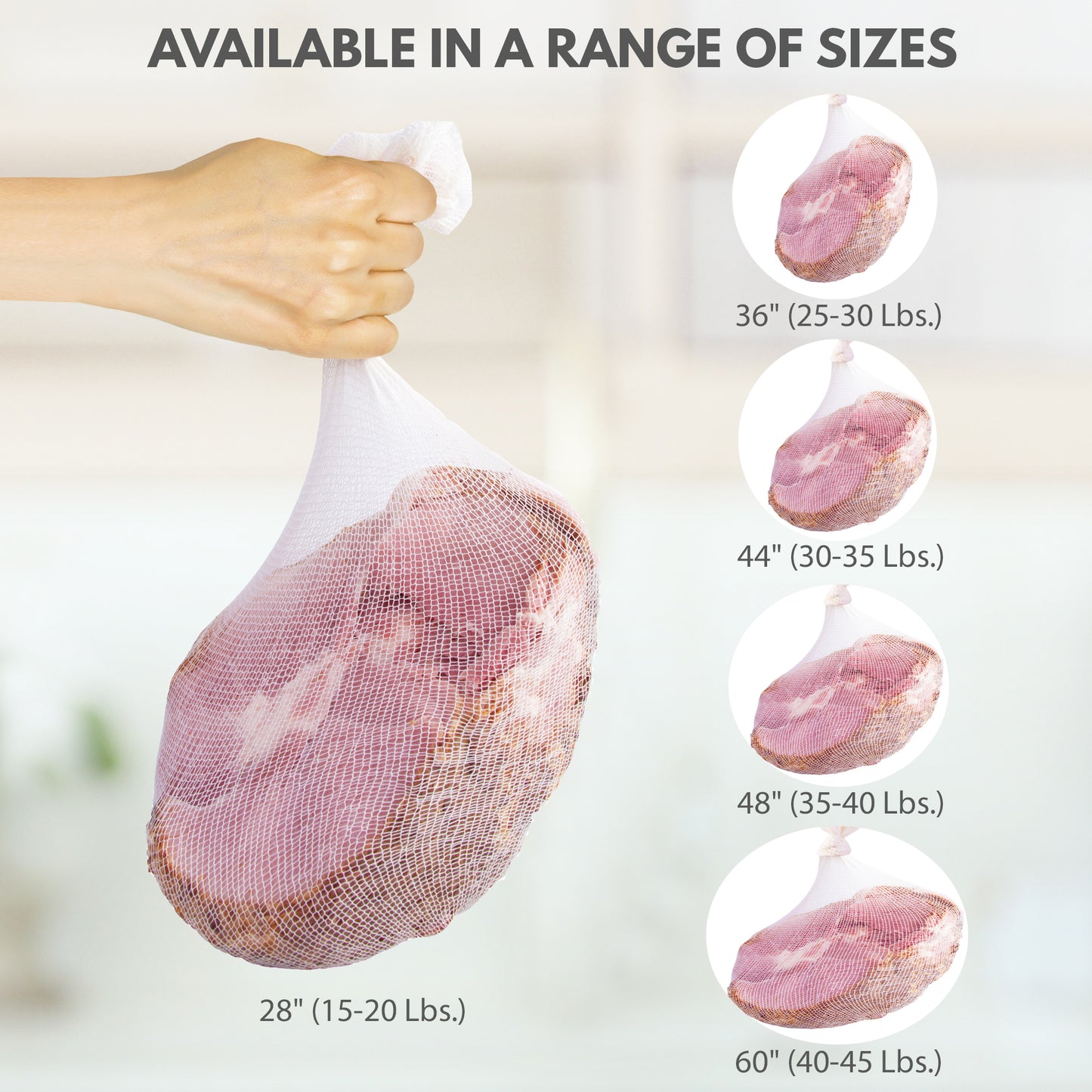 Eselect 48" Stockinette Ham and Meat Bags - Pack of 10 - Meat Netting, Bags for Smoking and Curing Poultry, Beef, Bacon Pork, Lamb, Deer and More