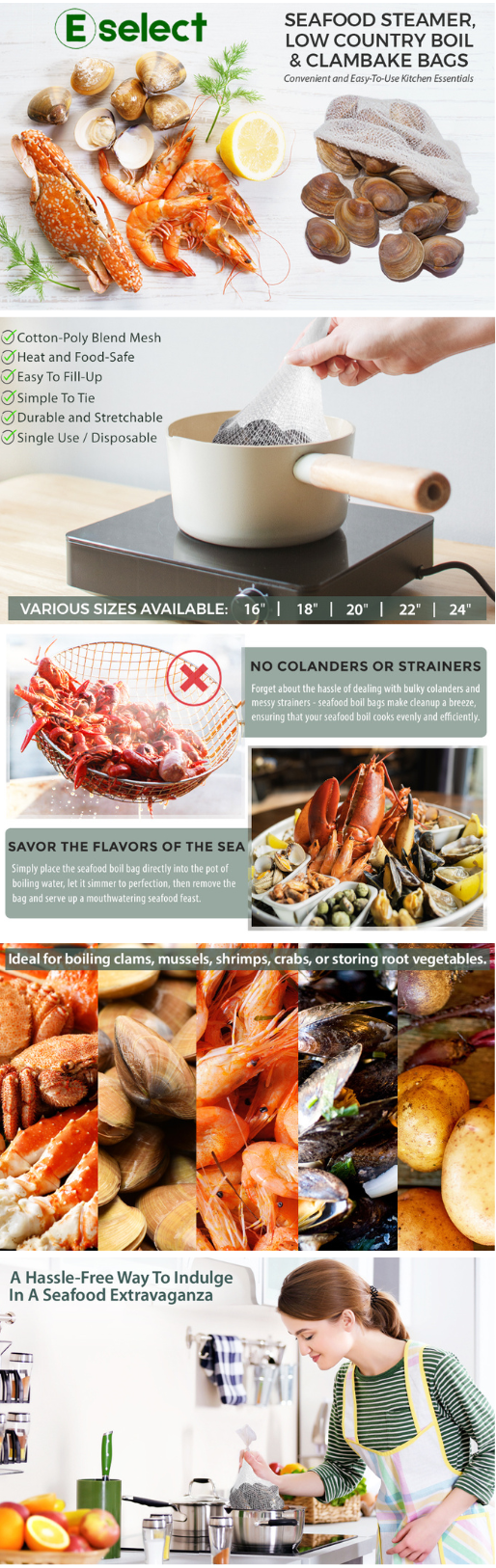 Eselect 16" Seafood Boil & Steamer Bags - Pack of 100, Seafood Boiling Bags for Crab, Crawfish, Shellfish - Low Country Boil, Clambake, Crab Boil, Soup Bags, Vegetable Storage Bags