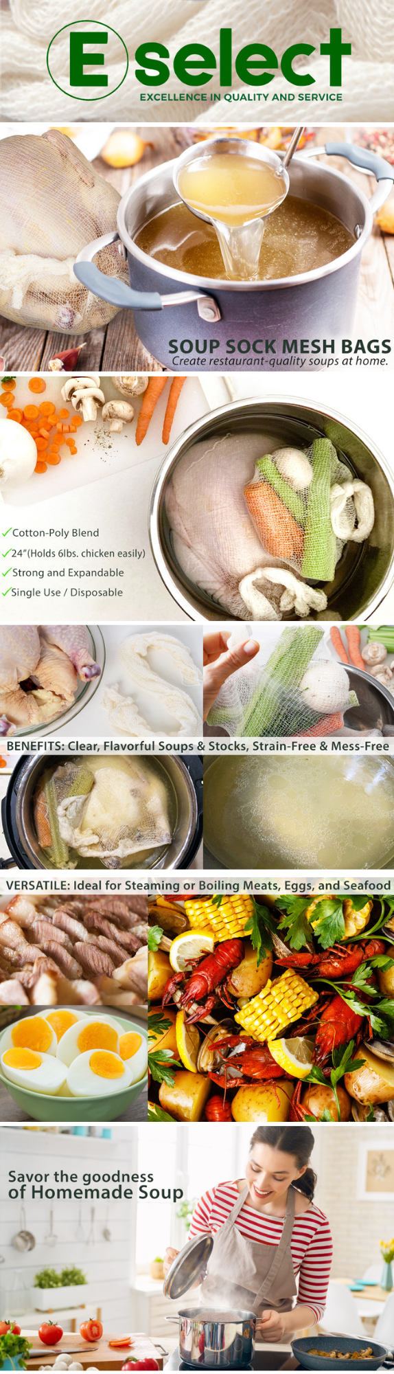 Eselect 24” Soup Bags - Pack of 25, Cooking Bags for Making Flavorful Soup Stock, Broth & Stew, Clam Bags, Steamer & Boiling Bags, Food Storage Bags